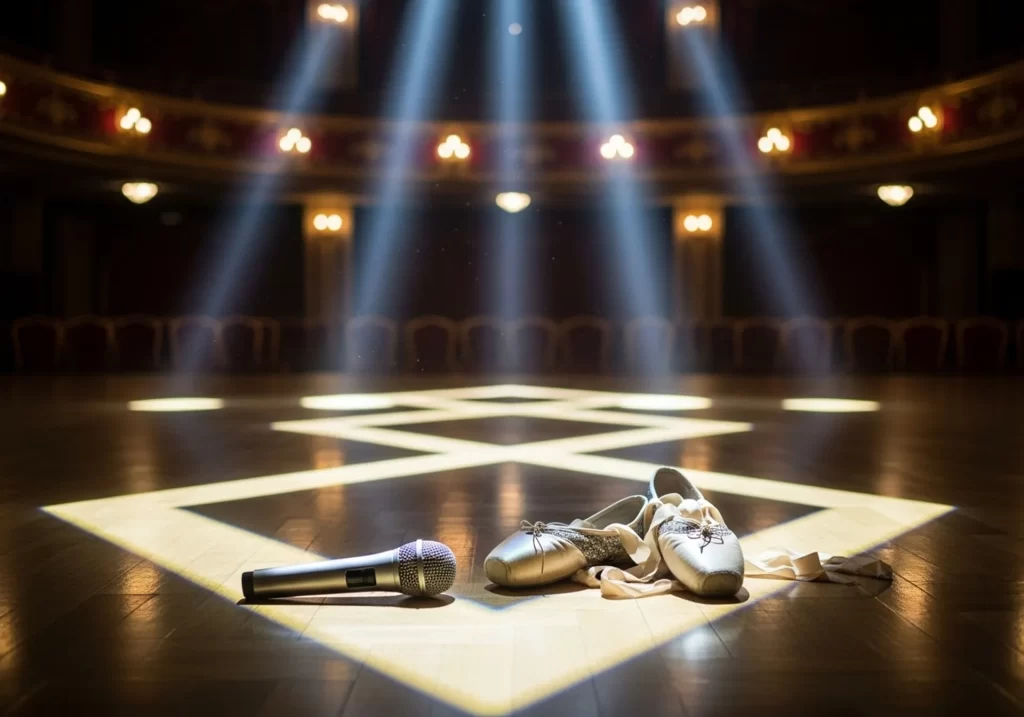 Microphone and ballet shoes on a dimly lit stage symbolizing Strictly Come Dancing tragedy as Stefan Dennis quits due to calf injury.