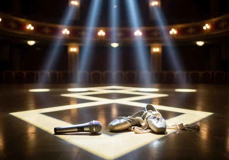 Microphone and ballet shoes on a dimly lit stage symbolizing Strictly Come Dancing tragedy as Stefan Dennis quits due to calf injury.