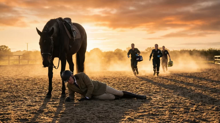 A dramatic scene showing a senior equestrian rider on the ground after a horseback riding accident