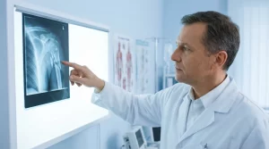 A medical professional examining an X-ray of a shattered shoulder joint