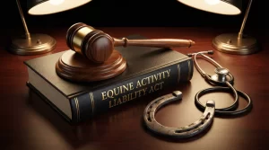 A wooden judge's gavel resting on a law book titled Equine Activity Liability Act