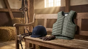 Professional equestrian safety gear including a riding helmet, gloves, and a protective vest