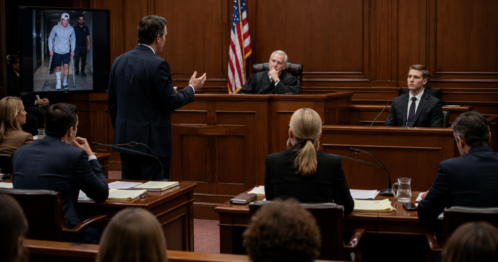 Celebrity injury lawsuit trial taking place inside a courtroom with attorneys and witnesses present