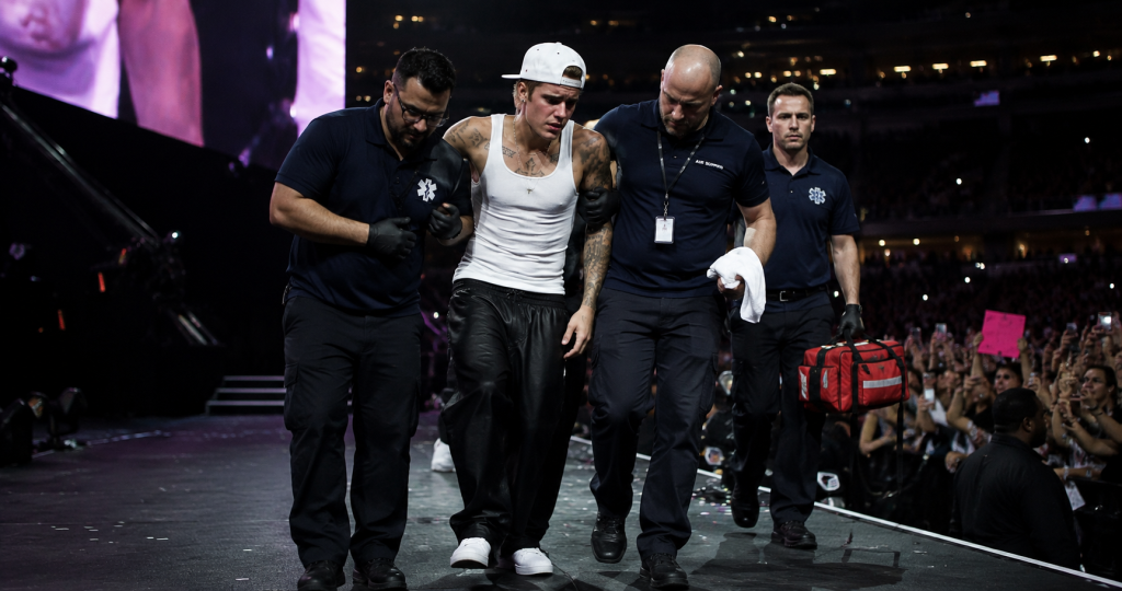 Celebrity performer injured during a major concert tour while walking off stage