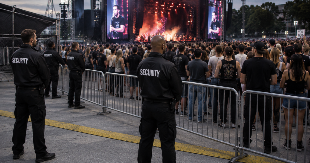 Concert venue with security barriers and crowd control measures during a celebrity performance