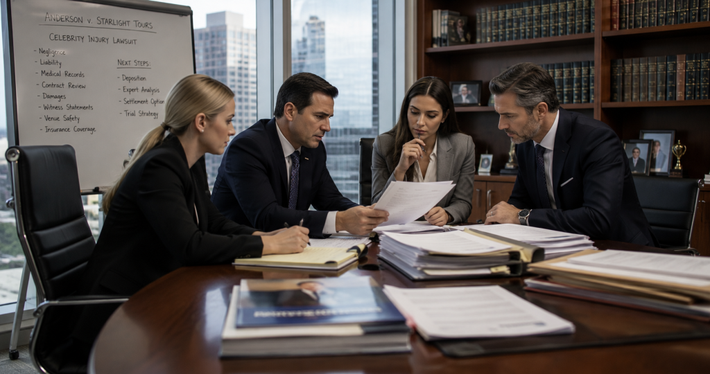 Entertainment lawyers and legal team reviewing documents related to a celebrity injury lawsuit