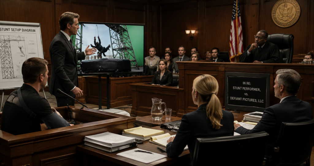 Courtroom proceedings involving a stunt injury lawsuit against a film production company