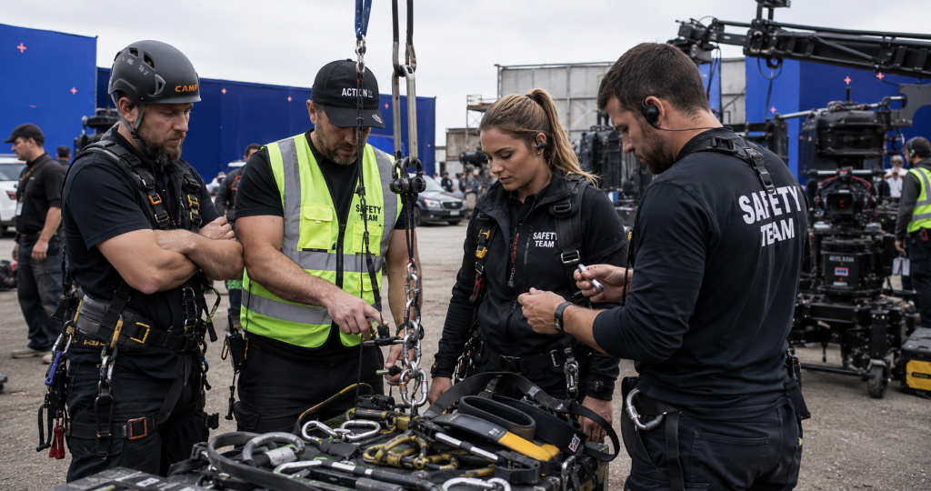 Film production safety team inspecting stunt equipment before filming