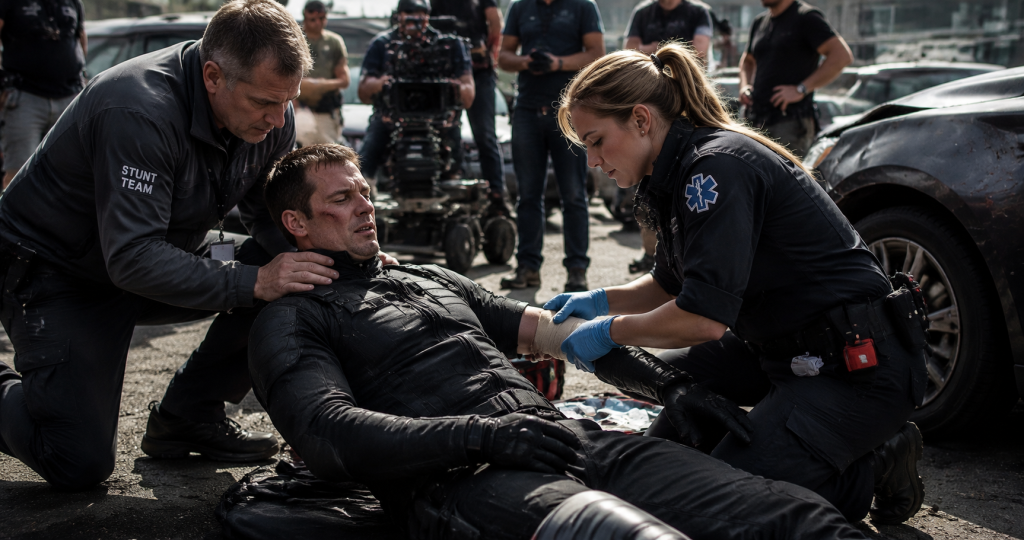 Stunt performer receiving medical attention after an accident on a movie set