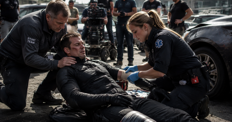 Stunt performer receiving medical attention after an accident on a movie set