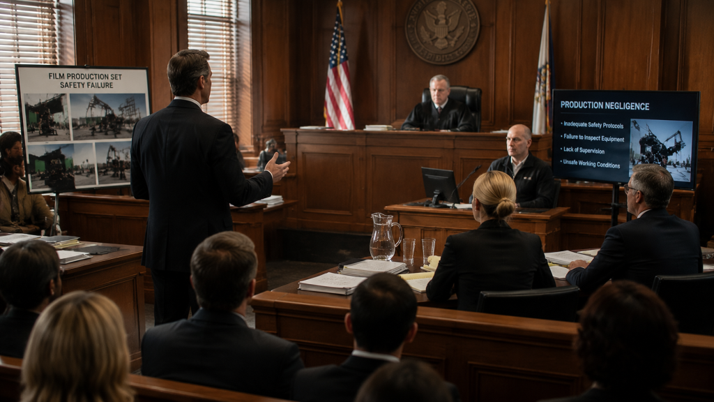 Courtroom hearing involving film production negligence lawsuit with witnesses and legal teams present