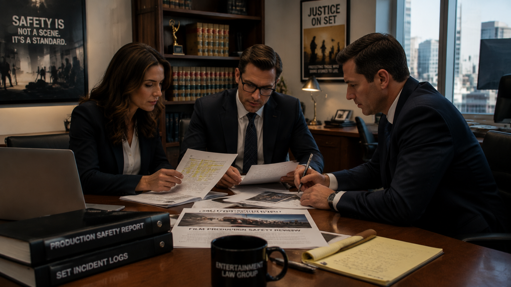 Entertainment lawyers reviewing production safety documents in modern office