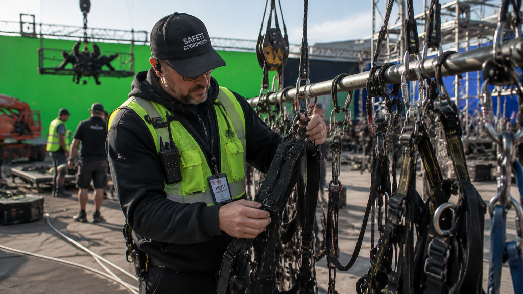 Film safety coordinator inspecting harnesses, cables, and stunt rigging before filming action scene