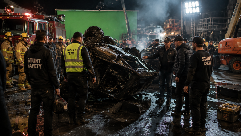 Realistic film set accident aftermath, stunt crew and safety team reviewing broken equipment on movie set