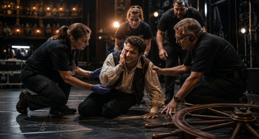 Celebrity performer injured by a stage prop during a live theater performance