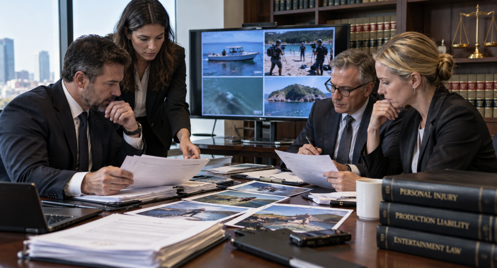 Attorneys reviewing evidence in a reality TV production injury lawsuit
