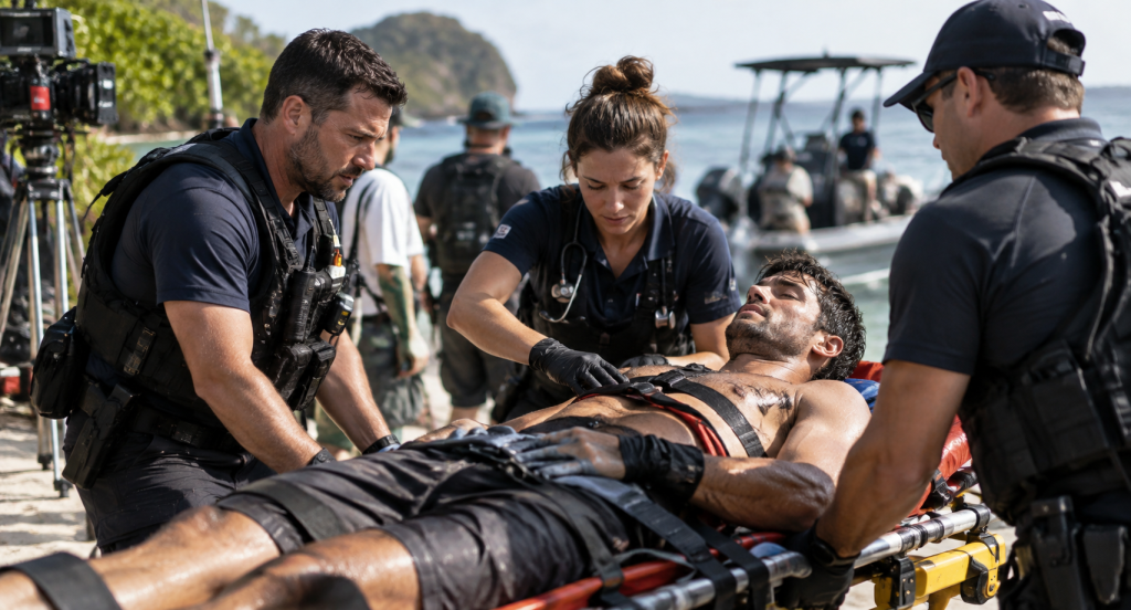 Reality TV contestant receiving emergency medical assistance after a serious filming accident