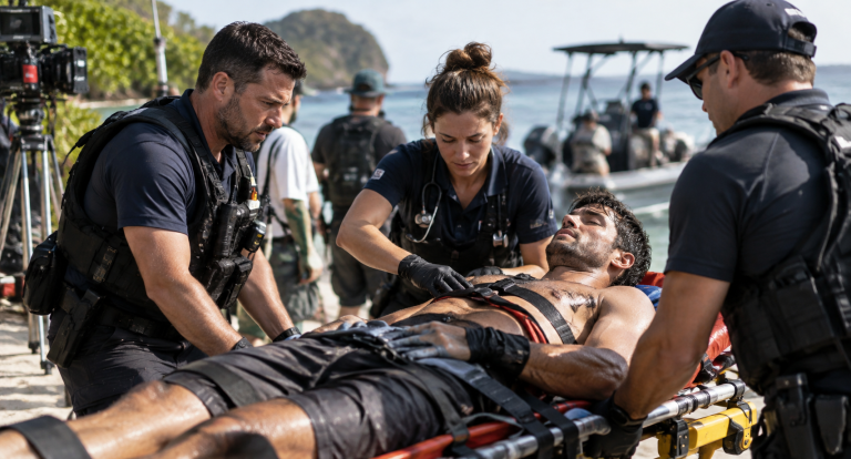 Reality TV contestant receiving emergency medical assistance after a serious filming accident