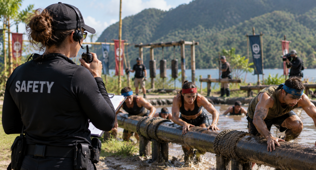 Reality TV production safety coordinator monitoring contestants during an outdoor challenge