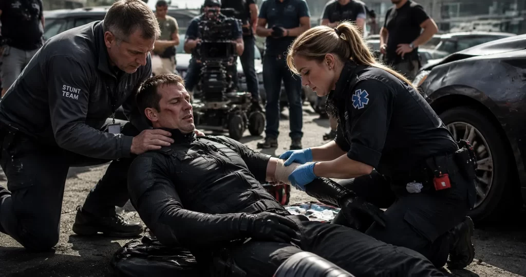 Medical responder assisting a stunt performer with an injury on a professional film set